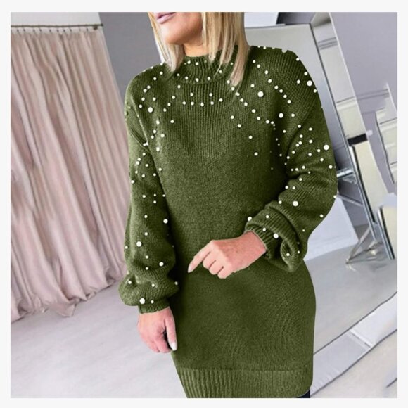 Dark Green Sweater Dress with Pearls - Picture 1 of 6